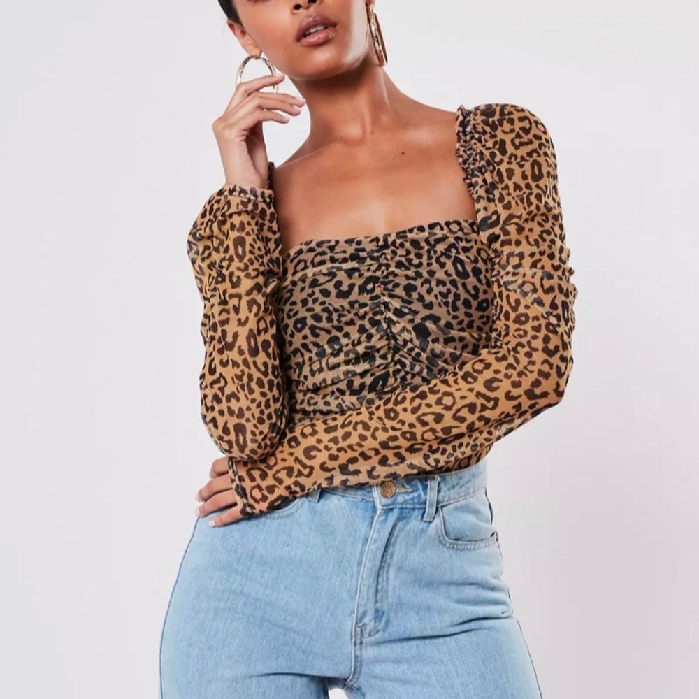 Missguided Brown Leopard Mesh Ruched Milkmaid Top